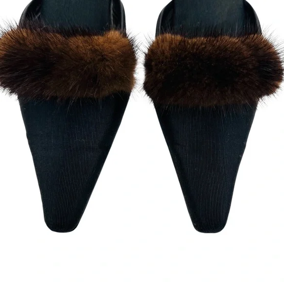 Olivia Rose Tal Black Wedge Mules with Brown Fur sz 9 Vintage - Picture 3 of 11